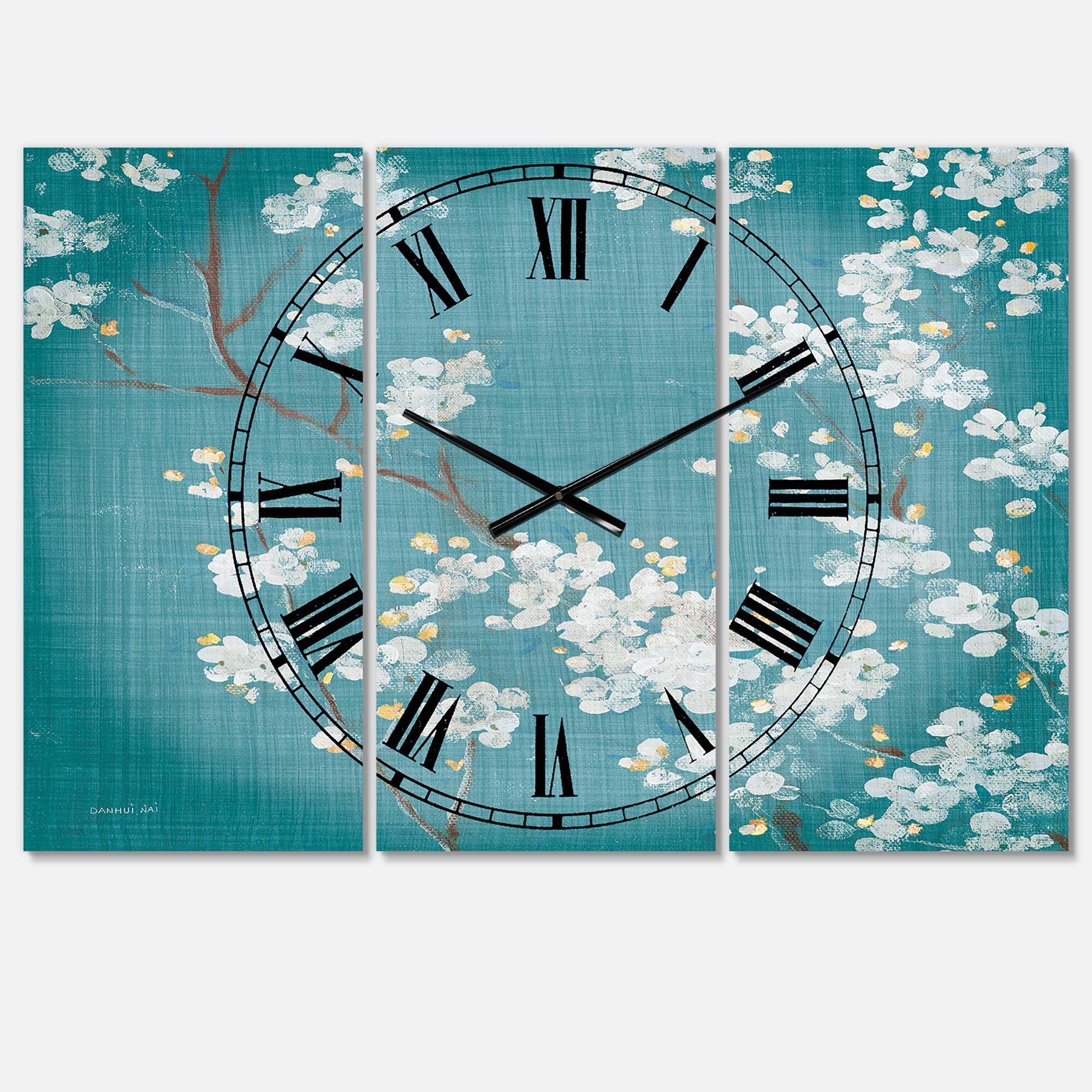 Designart Blue Cherry Blossoms I Lodge 3 Panel Wall Clock